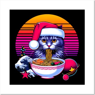 CHRISTMAS CAT EATING RAMEN WAVE JAPANESE Posters and Art